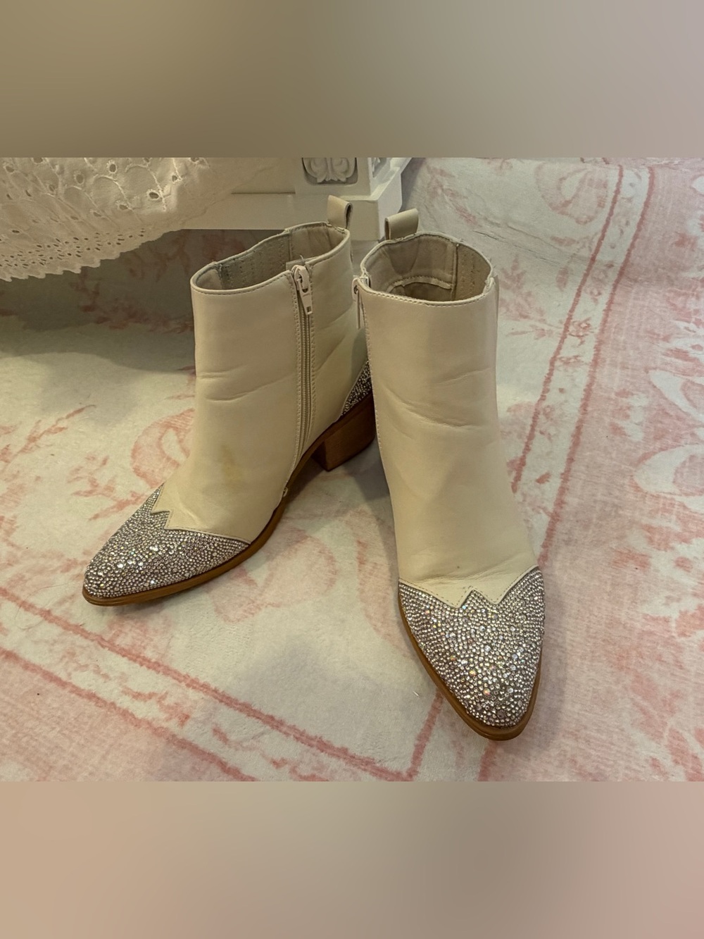Pierre Dumas Cream Ankle Boots with Crystal-Embellished Pointed Toe - Size 8.5